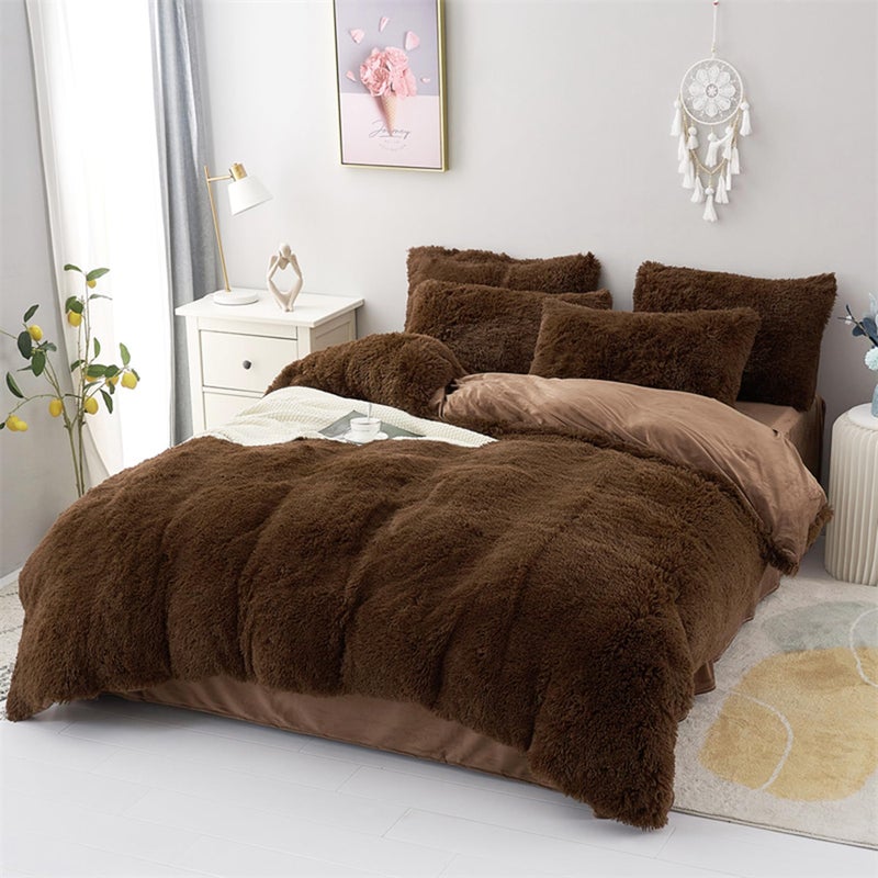 MorroMorn 5 PCS Shaggy Duvet Cover Bedding Set - Fluffy Comforter Cover Long Faux Fur Luxury Ultra Soft Cozy (Brown, King/California King) - Image 4
